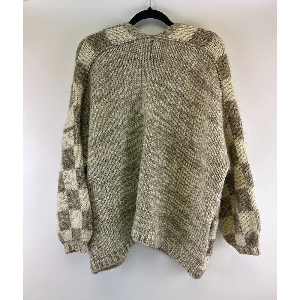 Grade And Gather Checkered Sweater Cardigan Open Chunky Heavy Knit Small Medium - Picture 10 of 16